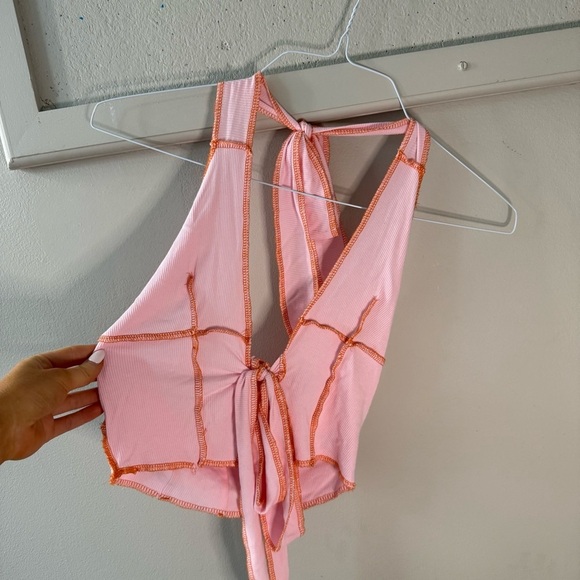 SHEIN Pink and Orange Stitch Halter Tank Top Tie Front - Picture 2 of 10